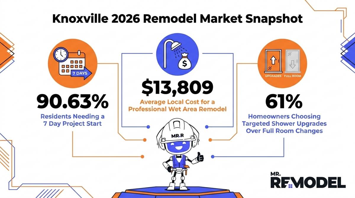 A 2026 Knoxville bathroom remodeling market snapshot showing the 90.63% emergency rate and the $13,809 local price baseline.